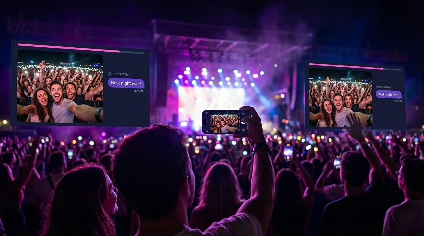 Guests capturing photos on smartphones streaming to live display walls at an event